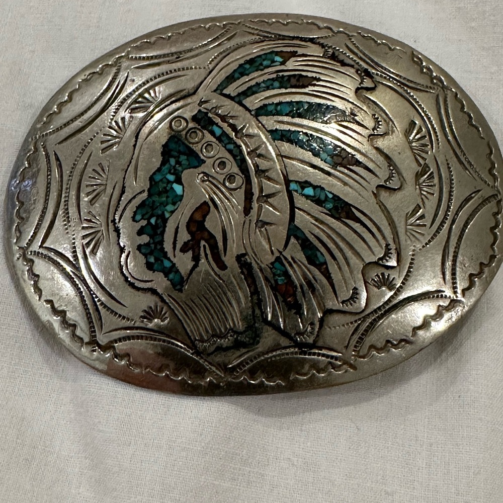 Vintage Retro Handcrafted Oval Belt Buckle of Indian Chief - Picture 2 of 7